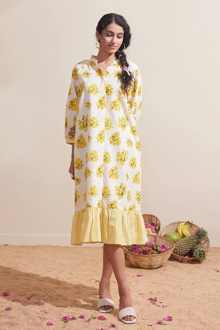 Buy Dressfolk Ivory Cotton Collared Floral Print Dress Buy_Dressfolk_Ivory Cotton Collared Floral Print Dress
