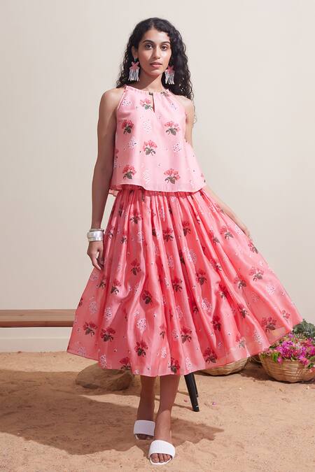 Shop Dressfolk Pink Chanderi Halter Neck Floral Top And Skirt Set Online at Aza Fashions Shop_Dressfolk_Pink Chanderi Halter Neck Floral Top And Skirt Set_Online_at_Aza_Fashions