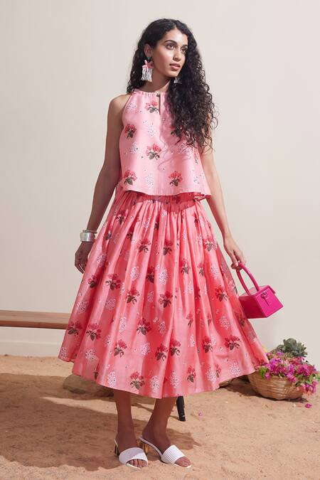 Dressfolk Pink Chanderi Halter Neck Floral Top And Skirt Set at Aza Fashions Dressfolk_Pink Chanderi Halter Neck Floral Top And Skirt Set_at_Aza_Fashions