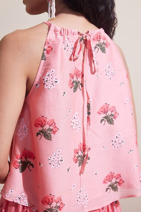 Buy Dressfolk Pink Chanderi Halter Neck Floral Top And Skirt Set Buy_Dressfolk_Pink Chanderi Halter Neck Floral Top And Skirt Set