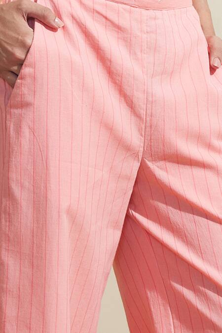 Dressfolk_Coral Cotton V-neck Striped Top And Pant Set_Online_at_Aza_Fashions