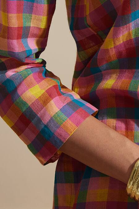 Buy_Dressfolk_Cotton Mandarin Collar Multi Color Checked Kurta And Pant Set_Online_at_Aza_Fashions