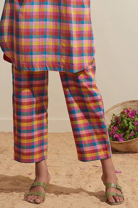 Dressfolk_Cotton Mandarin Collar Multi Color Checked Kurta And Pant Set_at_Aza_Fashions