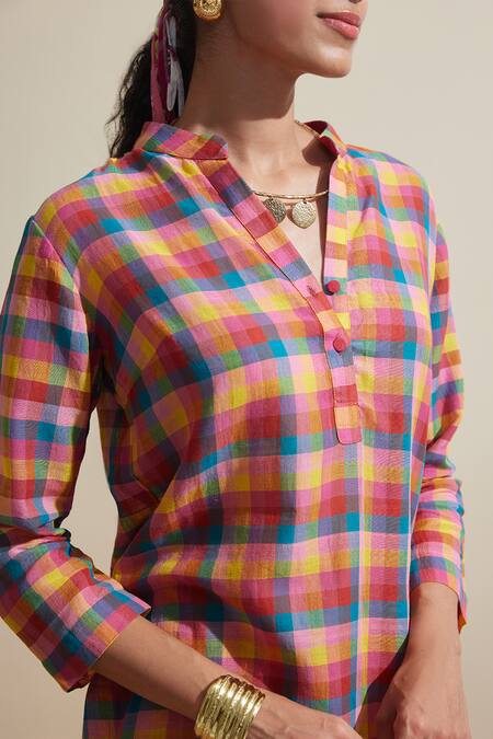 Shop_Dressfolk_Cotton Mandarin Collar Multi Color Checked Kurta And Pant Set
