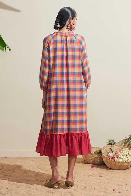 Shop Dressfolk Multi Color Cotton Split V-neck Checked Dress With Inner Slip at Aza Fashions Shop_Dressfolk_Multi Color Cotton Split V-neck Checked Dress With Inner Slip _at_Aza_Fashions