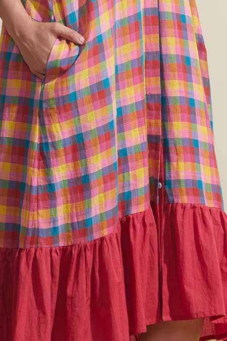 Dressfolk Multi Color Cotton Split V-neck Checked Dress With Inner Slip Online at Aza Fashions Dressfolk_Multi Color Cotton Split V-neck Checked Dress With Inner Slip _Online_at_Aza_Fashions