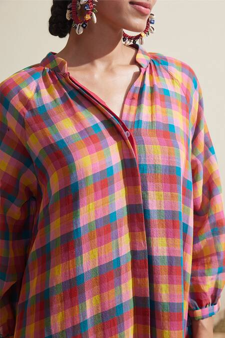 Buy Dressfolk Multi Color Cotton Split V-neck Checked Dress With Inner Slip Online at Aza Fashions Buy_Dressfolk_Multi Color Cotton Split V-neck Checked Dress With Inner Slip _Online_at_Aza_Fashions