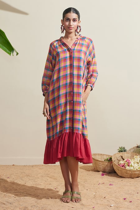 Dressfolk Multi Color Cotton Split V-neck Checked Dress With Inner Slip