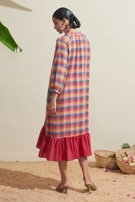 Dressfolk Multi Color Cotton Split V-neck Checked Dress With Inner Slip at Aza Fashions Dressfolk_Multi Color Cotton Split V-neck Checked Dress With Inner Slip _at_Aza_Fashions