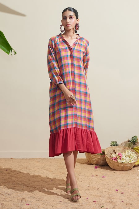 Buy Dressfolk Multi Color Cotton Split V-neck Checked Dress With Inner Slip Buy_Dressfolk_Multi Color Cotton Split V-neck Checked Dress With Inner Slip