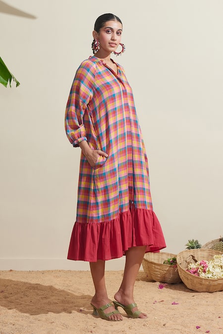 Shop Dressfolk Multi Color Cotton Split V-neck Checked Dress With Inner Slip Shop_Dressfolk_Multi Color Cotton Split V-neck Checked Dress With Inner Slip