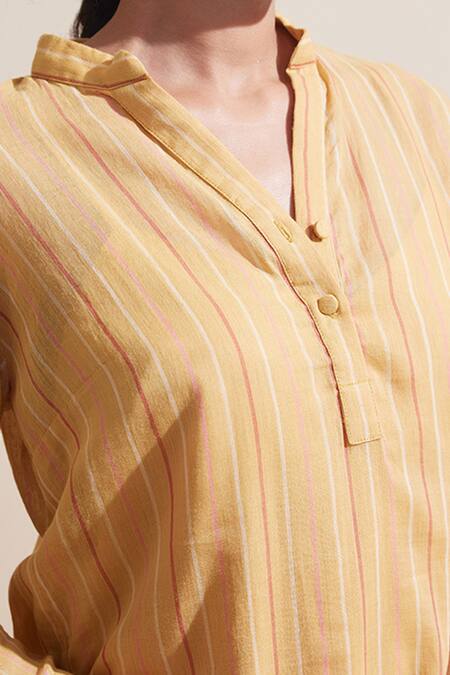 Dressfolk_Yellow Cotton Mandarin Collar Ochre Striped Kurta And Pant Set_Online_at_Aza_Fashions