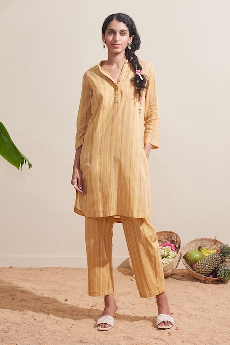 Dressfolk Yellow Cotton Mandarin Collar Ochre Striped Kurta And Pant Set