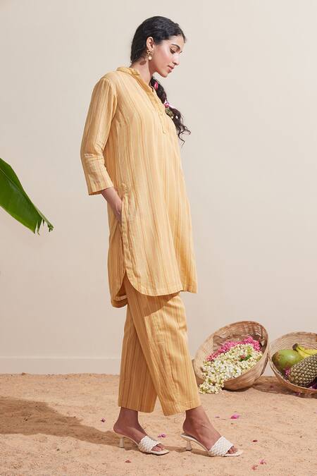 Buy_Dressfolk_Yellow Cotton Mandarin Collar Ochre Striped Kurta And Pant Set_Online_at_Aza_Fashions