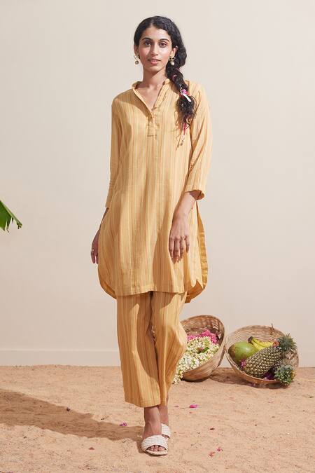 Shop_Dressfolk_Yellow Cotton Mandarin Collar Ochre Striped Kurta And Pant Set_Online_at_Aza_Fashions