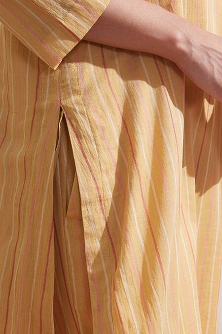 Dressfolk_Yellow Cotton Mandarin Collar Ochre Striped Kurta And Pant Set_at_Aza_Fashions