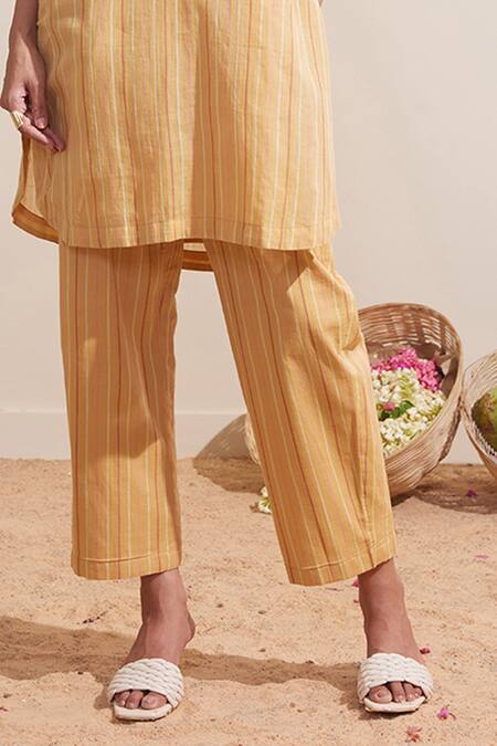 Buy_Dressfolk_Yellow Cotton Mandarin Collar Ochre Striped Kurta And Pant Set