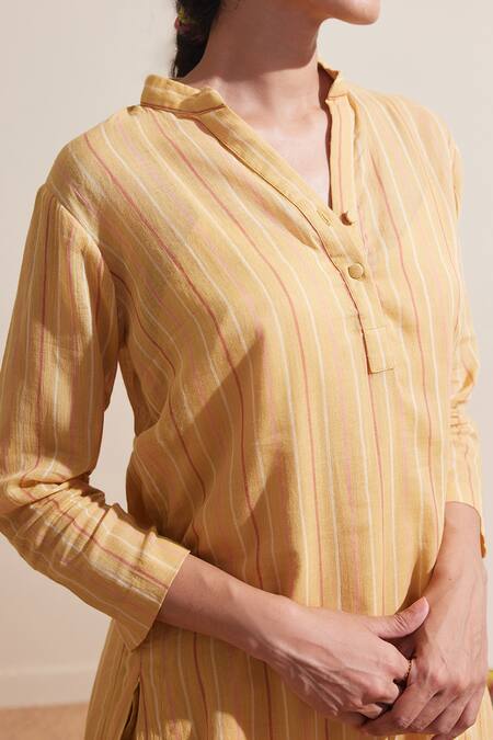 Shop_Dressfolk_Yellow Cotton Mandarin Collar Ochre Striped Kurta And Pant Set