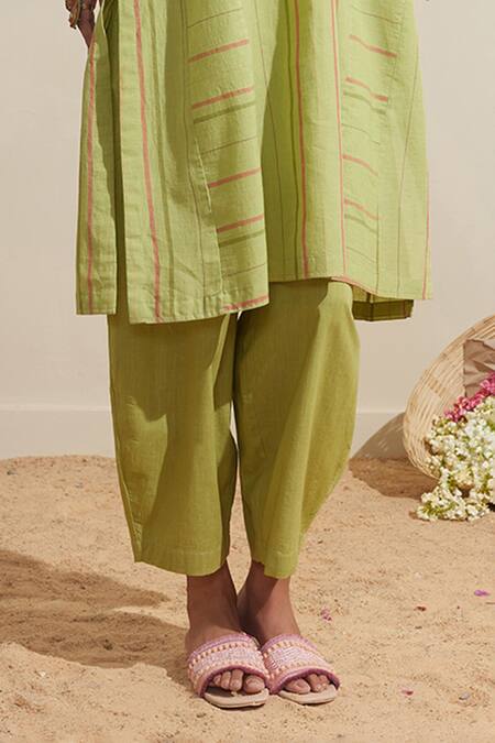 Dressfolk Green Cotton Split V-neck Lime Striped Kurta And Pant Set Online at Aza Fashions Dressfolk_Green Cotton Split V-neck Lime Striped Kurta And Pant Set_Online_at_Aza_Fashions