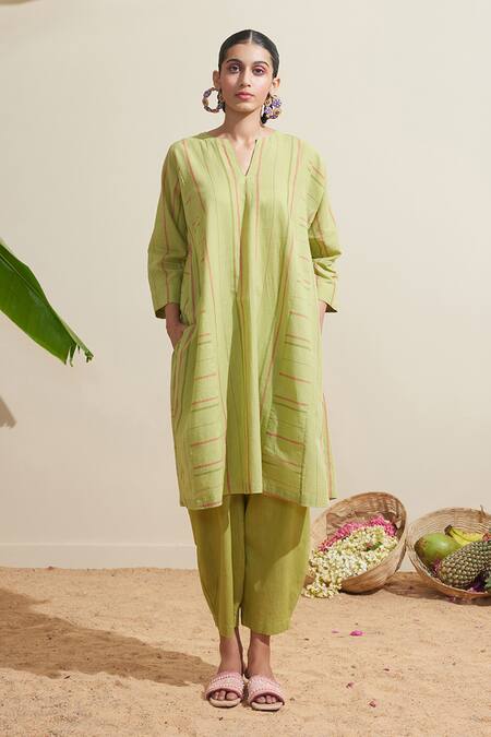 Buy Dressfolk Green Cotton Split V-neck Lime Striped Kurta And Pant Set Online at Aza Fashions Buy_Dressfolk_Green Cotton Split V-neck Lime Striped Kurta And Pant Set_Online_at_Aza_Fashions