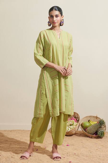 Dressfolk Green Cotton Split V-neck Lime Striped Kurta And Pant Set at Aza Fashions Dressfolk_Green Cotton Split V-neck Lime Striped Kurta And Pant Set_at_Aza_Fashions