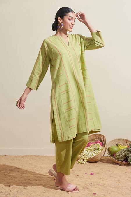 Buy Dressfolk Green Cotton Split V-neck Lime Striped Kurta And Pant Set Buy_Dressfolk_Green Cotton Split V-neck Lime Striped Kurta And Pant Set