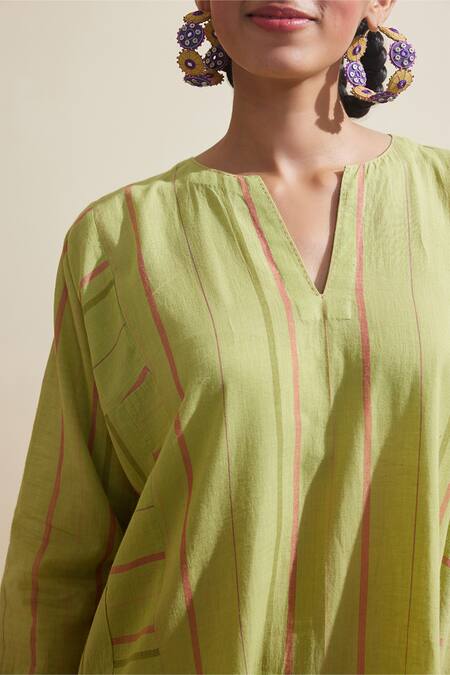 Shop Dressfolk Green Cotton Split V-neck Lime Striped Kurta And Pant Set Shop_Dressfolk_Green Cotton Split V-neck Lime Striped Kurta And Pant Set
