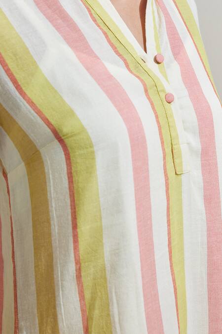 Dressfolk_Multi Color Cotton Mandarin Collar Striped Kurta And Pant Set_Online_at_Aza_Fashions