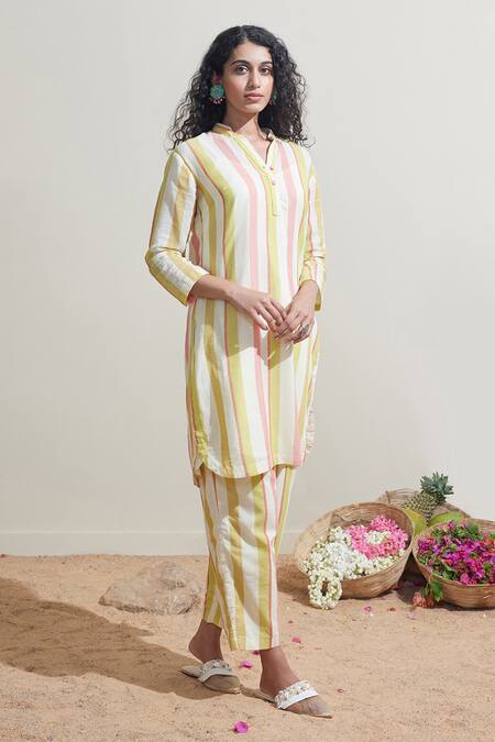 Shop_Dressfolk_Multi Color Cotton Mandarin Collar Striped Kurta And Pant Set_Online_at_Aza_Fashions