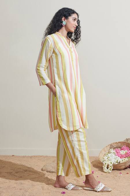Dressfolk_Multi Color Cotton Mandarin Collar Striped Kurta And Pant Set_at_Aza_Fashions