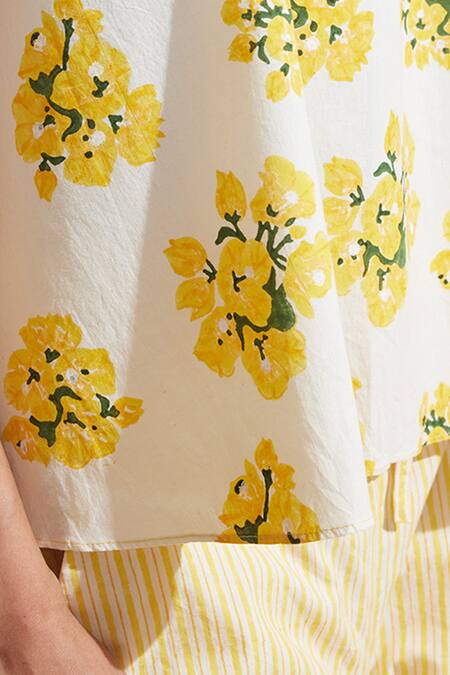 Dressfolk_Ivory Cotton Halter Neck Floral Print Top And Striped Pant Set_Online_at_Aza_Fashions