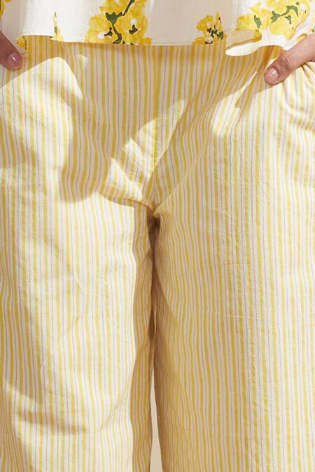 Dressfolk_Ivory Cotton Halter Neck Floral Print Top And Striped Pant Set_at_Aza_Fashions