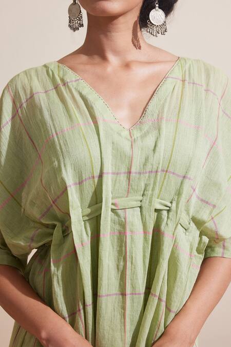Buy_Dressfolk_Green Cotton V-neck Check Tunic Dress _Online_at_Aza_Fashions