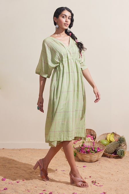Shop_Dressfolk_Green Cotton V-neck Check Tunic Dress _Online_at_Aza_Fashions