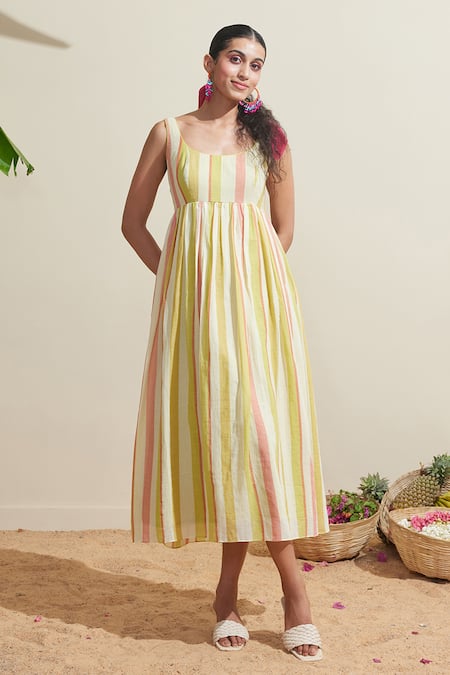 Dressfolk Multi Color Cotton Scoop Neck Striped Dress