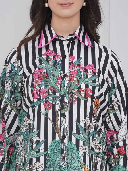 Mai Tai_Black Cotton Embroidery Collared Stripe Flora Shirt And Shorts Set_Online_at_Aza_Fashions