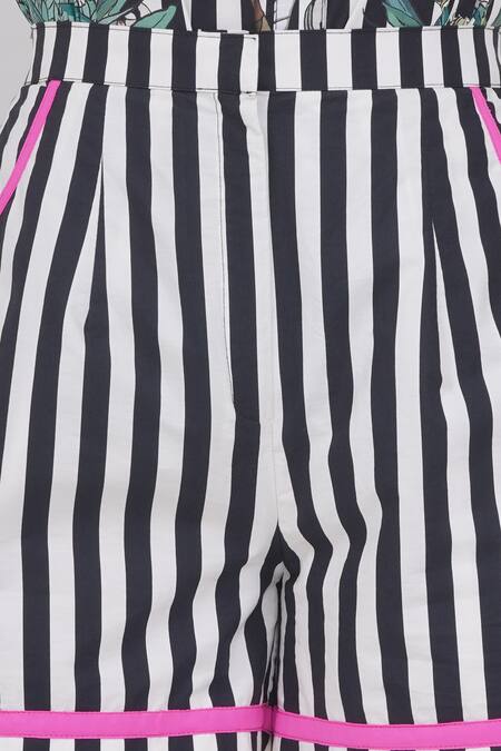 Shop_Mai Tai_Black Cotton Embroidery Collared Stripe Flora Shirt And Shorts Set_Online_at_Aza_Fashions