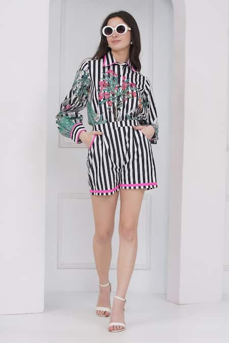 Mai Tai Black Cotton Embroidery Collared Stripe Flora Shirt And Shorts Set