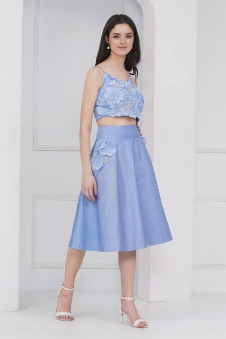 Buy_Mai Tai_Sky Blue Cotton Fabric Flowers, Embroidery Round Neck Floral Skirt Set_Online_at_Aza_Fashions