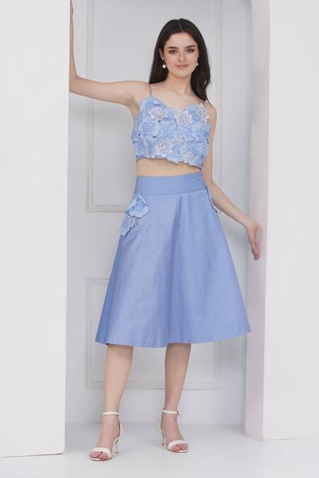 Shop_Mai Tai_Sky Blue Cotton Fabric Flowers, Embroidery Round Neck Floral Skirt Set_Online_at_Aza_Fashions