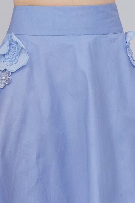 Shop_Mai Tai_Sky Blue Cotton Fabric Flowers, Embroidery Round Neck Floral Skirt Set