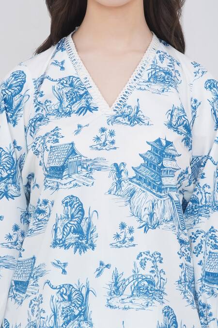 Mai Tai_Blue Cotton Embroidery V-neck Ice Co-ord Set_at_Aza_Fashions