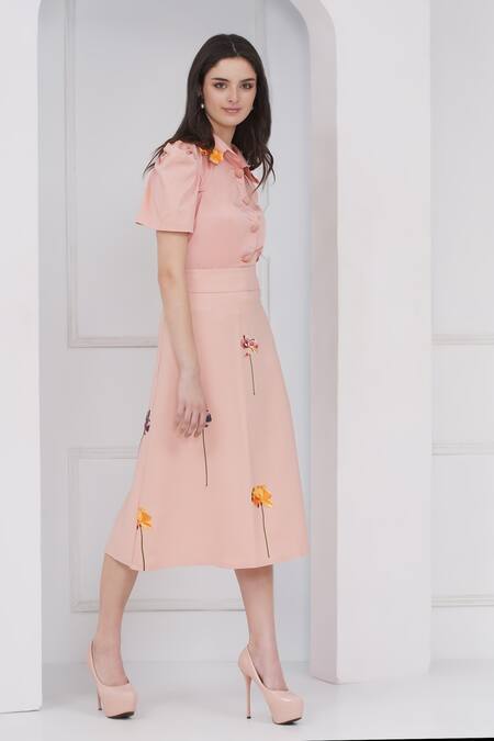 Mai Tai_Peach Cotton Embroidery Collared Skirt Set_Online_at_Aza_Fashions