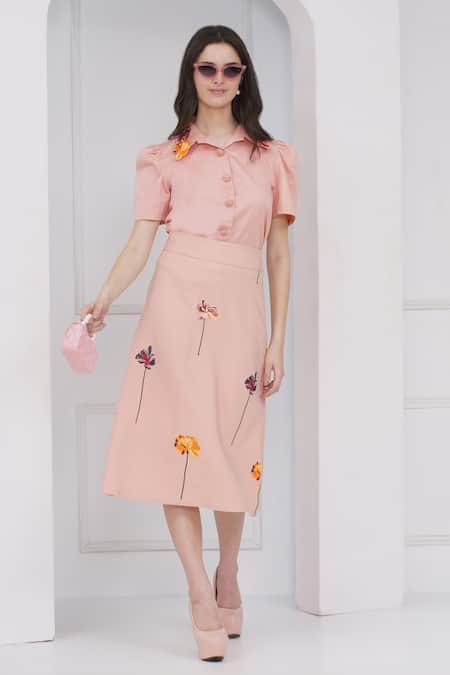 Mai Tai Peach Cotton Embroidery Collared Skirt Set