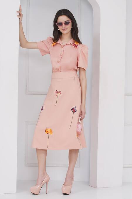 Buy_Mai Tai_Peach Cotton Embroidery Collared Skirt Set_Online_at_Aza_Fashions