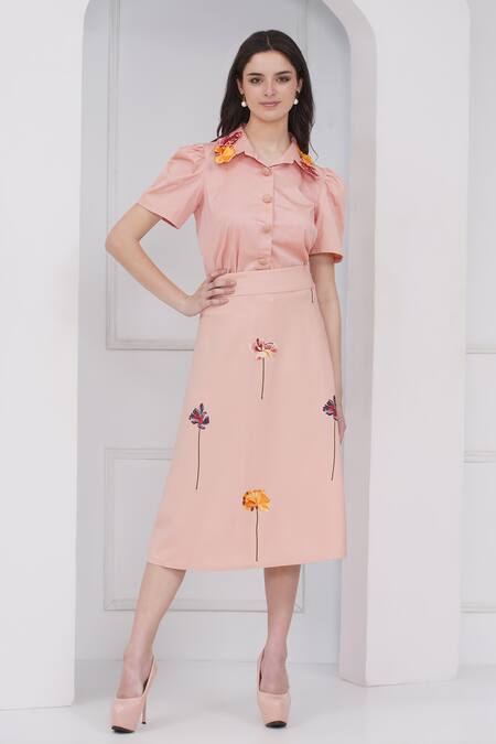 Shop_Mai Tai_Peach Cotton Embroidery Collared Skirt Set_Online_at_Aza_Fashions