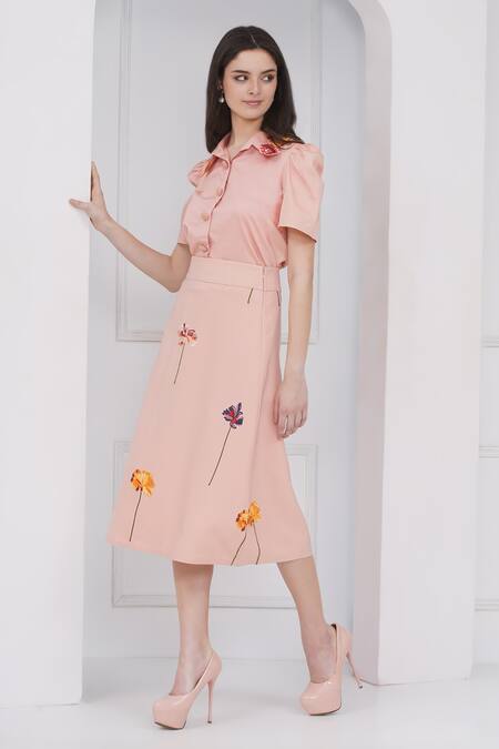 Mai Tai_Peach Cotton Embroidery Collared Skirt Set_at_Aza_Fashions