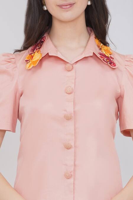 Buy_Mai Tai_Peach Cotton Embroidery Collared Skirt Set