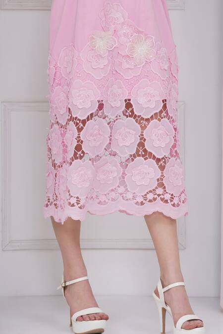 Mai Tai_Pink Cotton Embroidery Square Neck Crochet Dress_at_Aza_Fashions