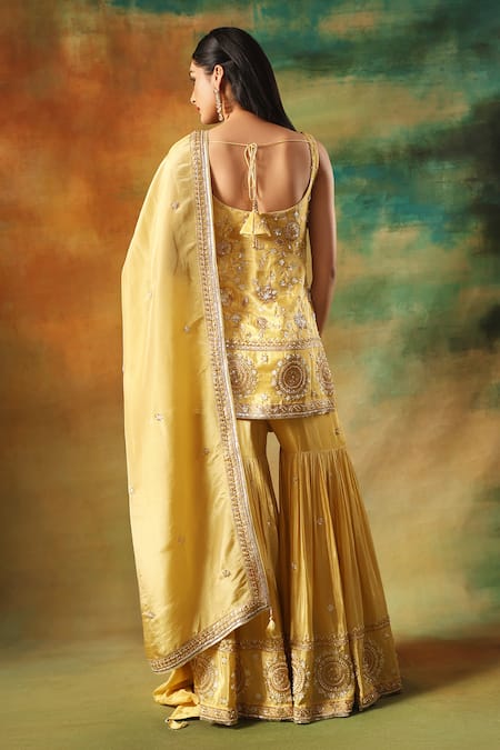 Meenagurnam Gold Embroidered Kurta Sharara Set 